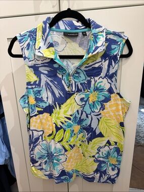 Rafaella Sleeveless Floral Zip Polo - Blue, Teal & Yellow-Green